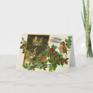 Vintage 1911 Katten met kerstfeest met vogel Kaart