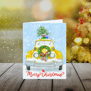 Vintage 1950's New York Gele Kerst Taxi  Feestdagen Kaart