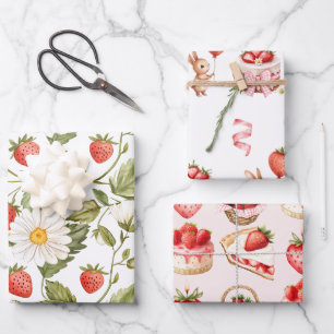 Vintage Aardbei Madeliefje Botanisch Patroon  Inpakpapier Vel