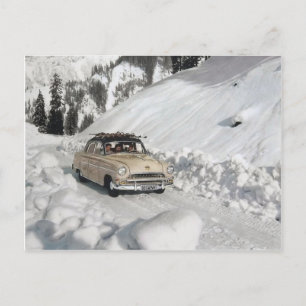 Vintage adverterene auto, de winterscène briefkaart