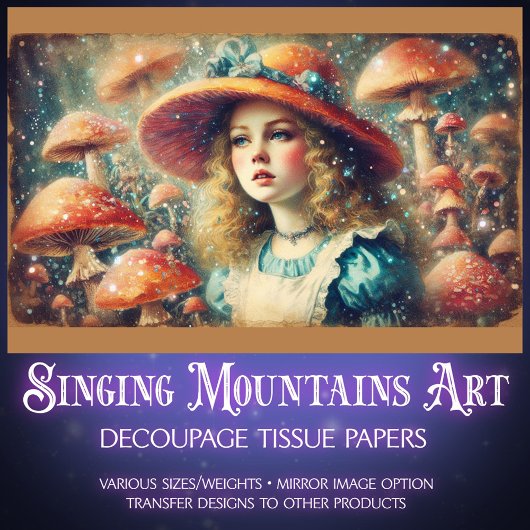 Vintage Alice and Mushrooms Decoupage Tissuepapier