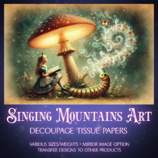 Vintage Alice Caterpillar Mushroom Art Decoupage Tissuepapier