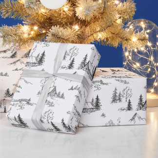 Vintage Alpen Chalet Toile Zwart en Wit Cadeaupapier