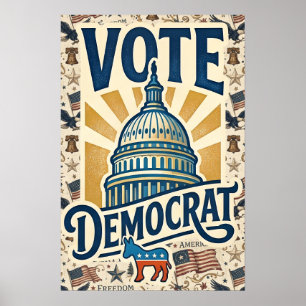 Vintage Americana Patriottische Volkskunst Democra Poster