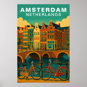 Vintage Amsterdam Nederland Grachten & Fiets Poster