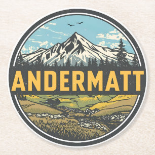 Vintage ANDERMATT skioord Zwitserland Zwitserse Al Ronde Kartonnen Onderzetter