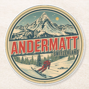 Vintage ANDERMATT skioord Zwitserland Zwitserse Al Ronde Kartonnen Onderzetter
