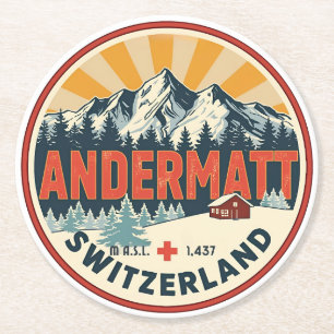 Vintage ANDERMATT skioord Zwitserland Zwitserse Al Ronde Kartonnen Onderzetter