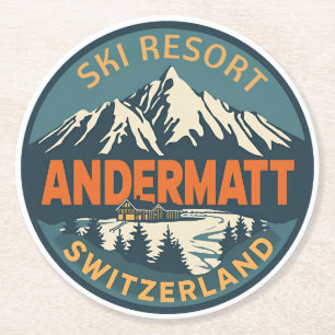 Vintage ANDERMATT skioord Zwitserland Zwitserse Al Ronde Kartonnen Onderzetter