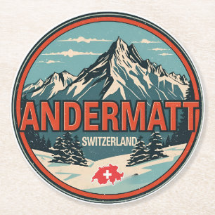 Vintage ANDERMATT skis Zwitserland Zwitserse Alpen Ronde Kartonnen Onderzetter