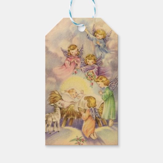 Vintage Angels rond Baby Jezus Cadeaulabel (Voorkant)