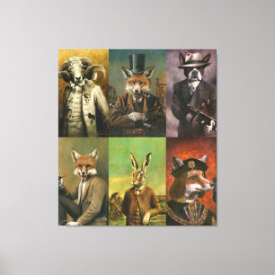 Vintage Animals In Clothes Montage Canvas Afdruk