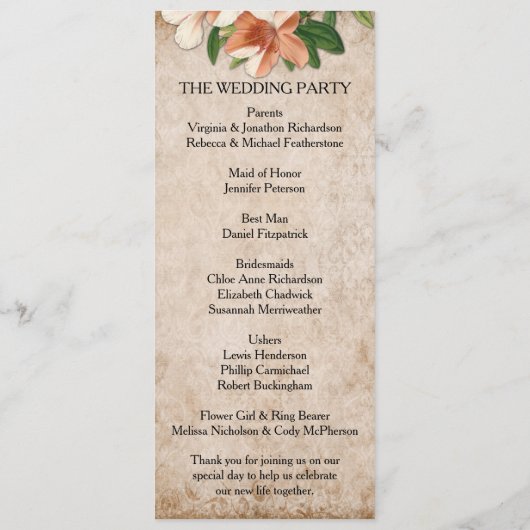Vintage Apricot Lys Programme de mariage (Dos)