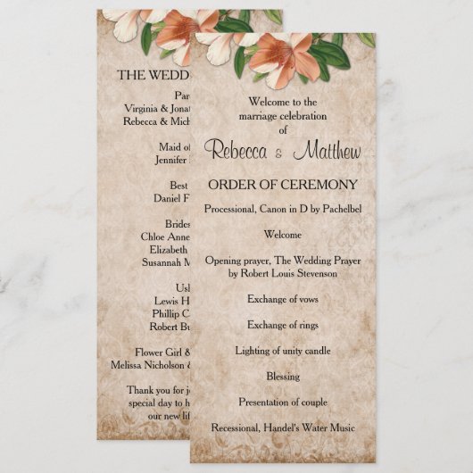 Vintage Apricot Lys Programme de mariage (Devant / Derrière)