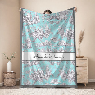 Vintage Aqua Blauwe Bloemrijke Meer Toile De Jouy Fleece Deken