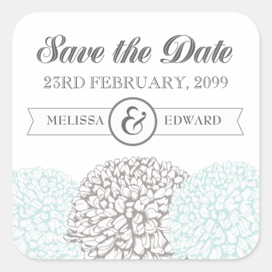 Vintage Aqua Zinnia Flowers Save the Date Stickers (Devant)