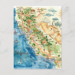Vintage Aquarel Californië Reis Kaart Kunst