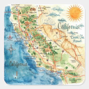 Vintage Aquarel Californië Reis Kaart Kunst Vierkante Sticker
