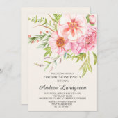 Vintage Aquarelle Peonies Invitation Anniversaire (Devant / Derrière)