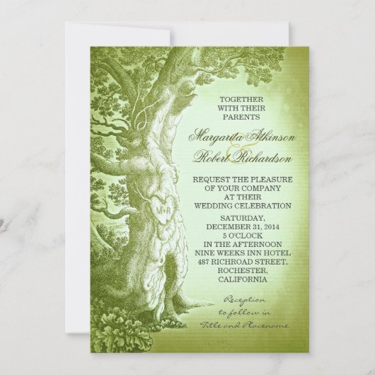 vintage arbre vert invitation de mariage rustique (Devant)