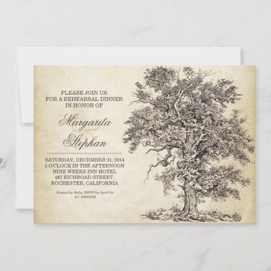 vintage arbre vieilli répétition dîner invitations (Devant)