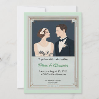 Vintage Art Deco Couple Wedding Invitation Kaart