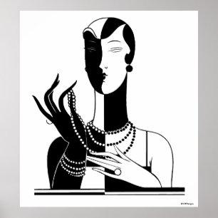 Vintage Art Deco Dame Met Parels Zwart Transp Poster