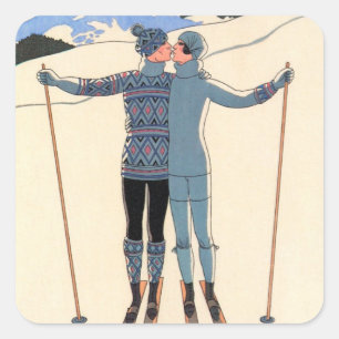 Vintage Art Deco, Geliefden in Sneeuw door George  Vierkante Sticker