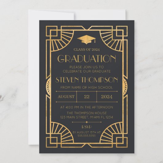 Vintage Art Deco Graduation Invitation Kaart (Voorkant)