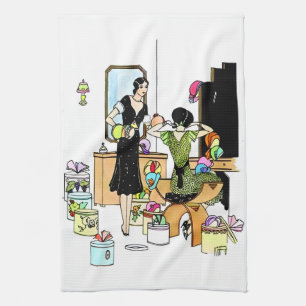 Vintage Art Deco illustratie van een hoedenwinkel Theedoek