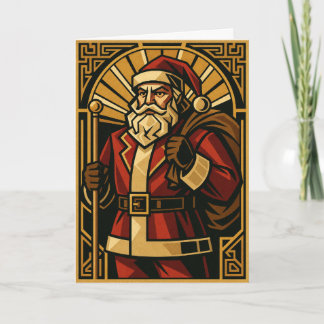 Vintage Art Deco Kerstman Rood & Goud Kerstkaart Feestdagen Kaart