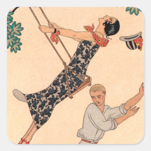 Vintage Art Deco Liefde, De Schommel door George B Vierkante Sticker