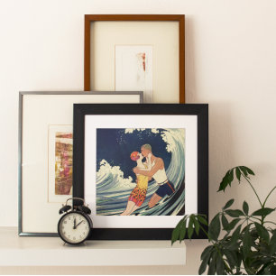 Vintage Art Deco Lovers Kiss in the Waves at Beach Poster