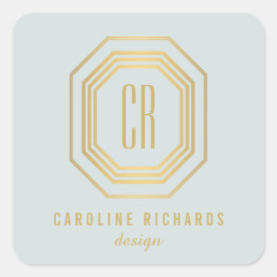 Vintage Art Deco Monogram Goud/Mint Vierkante Sticker