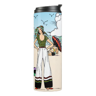 Vintage Art Deco strandillustratie jaren 20 kust Thermosbeker