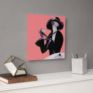 Vintage Art Deco vrouw, Afternoon Tea en cupcake Vierkante Klok