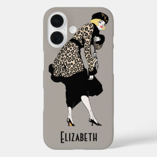 Vintage Art Deco vrouw in jas met luipaardprint iPhone 16 Hoesje