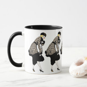 Vintage Art Deco vrouw in jas met luipaardprint Mok