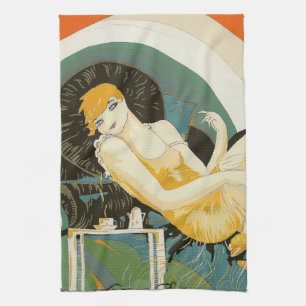 Vintage Art Deco vrouw liggend op bank, Chompre Theedoek