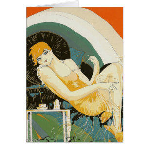 Vintage Art Deco vrouw, liggend op een bank, Chomp