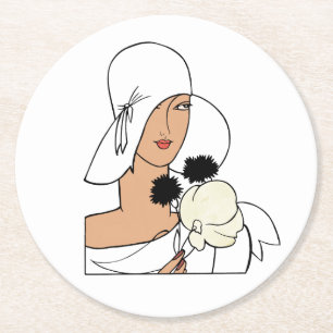 Vintage Art Deco vrouw met bloemen en hoed C Ronde Kartonnen Onderzetter