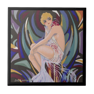 Vintage Art Deco vrouw met drapérieën van S. Chomp Tegeltje
