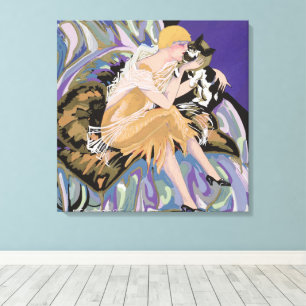 Vintage Art Deco vrouw met kat door S. Chompre Canvas Afdruk
