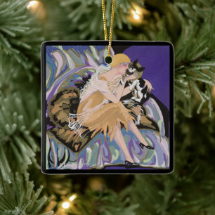 Vintage Art Deco Vrouw met Kat door S. Chompre Keramisch Ornament