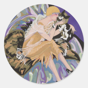 Vintage Art Deco vrouw met kat door S. Chompre Ronde Sticker
