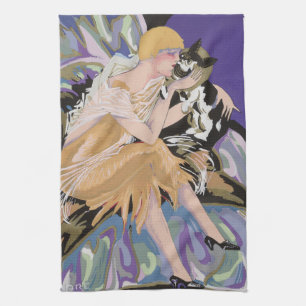 Vintage Art Deco vrouw met kat door S. Chompre Theedoek