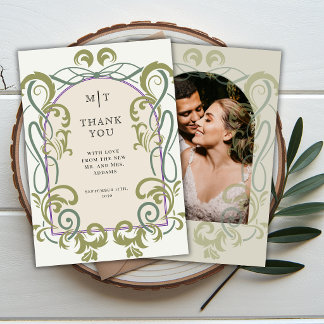 Vintage Art Nouveau Floral Photo Initials Wedding Bedankkaart