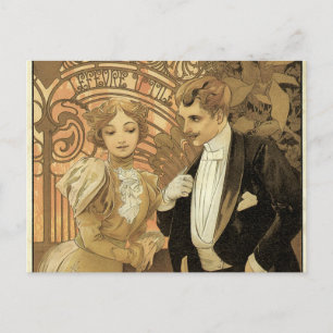 Vintage Art Nouveau Love Romance, Flirt by Mucha Briefkaart