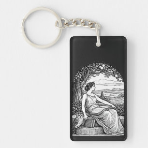 Vintage Art Nouveau vrouw lezend onder boom Sleutelhanger