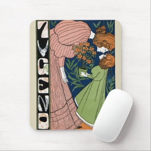 Vintage Art Nouveau Vrouw & Meisje Groene Jurk Muismat